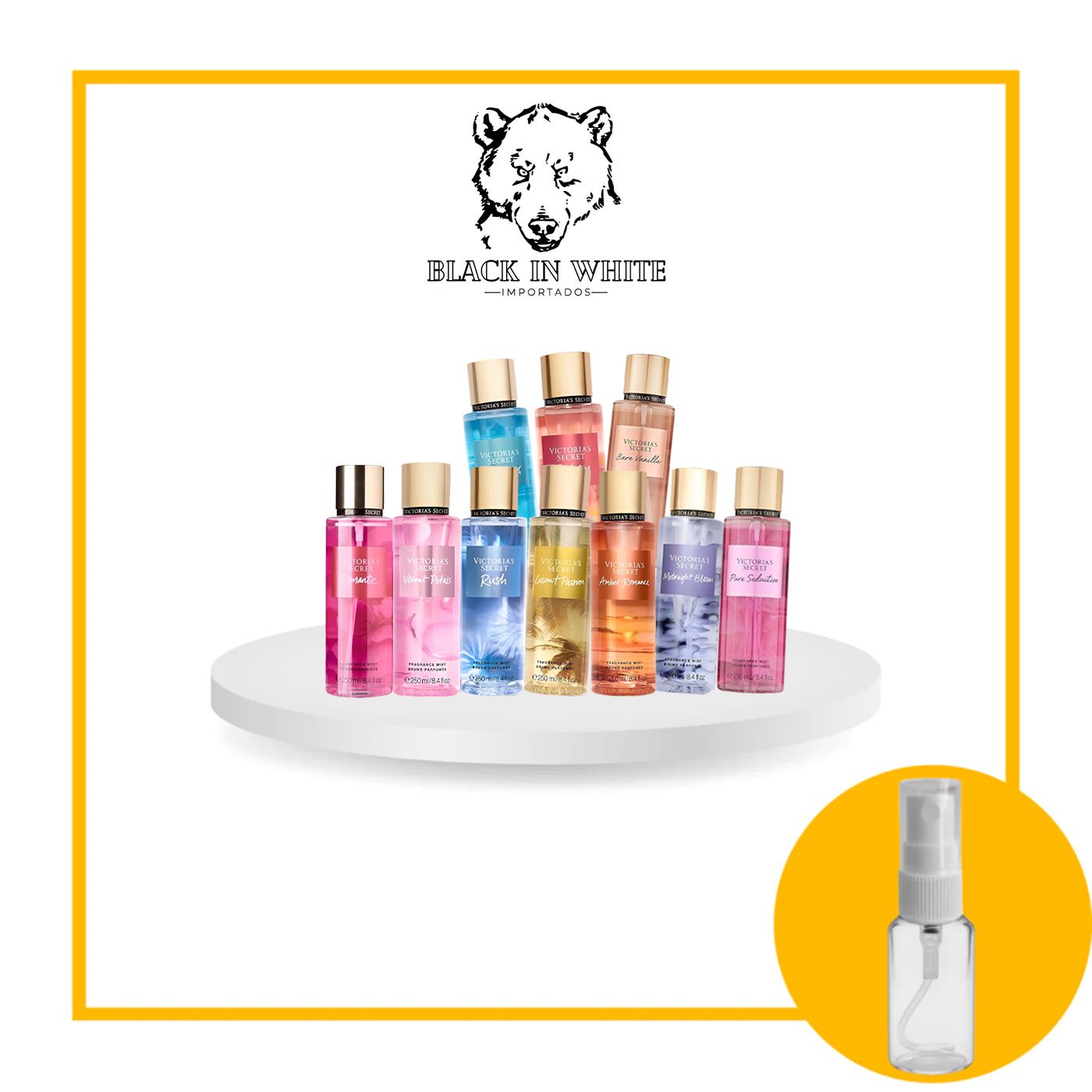 COMBO 10 Decants Victoria´s Secret (Bare Vanilla, Coconut Passion, Romantic, Velvet Petals, Pure Seduction, Midnight Bloom, Aqua Kiss, Temptation, Amber Romance e Rush)