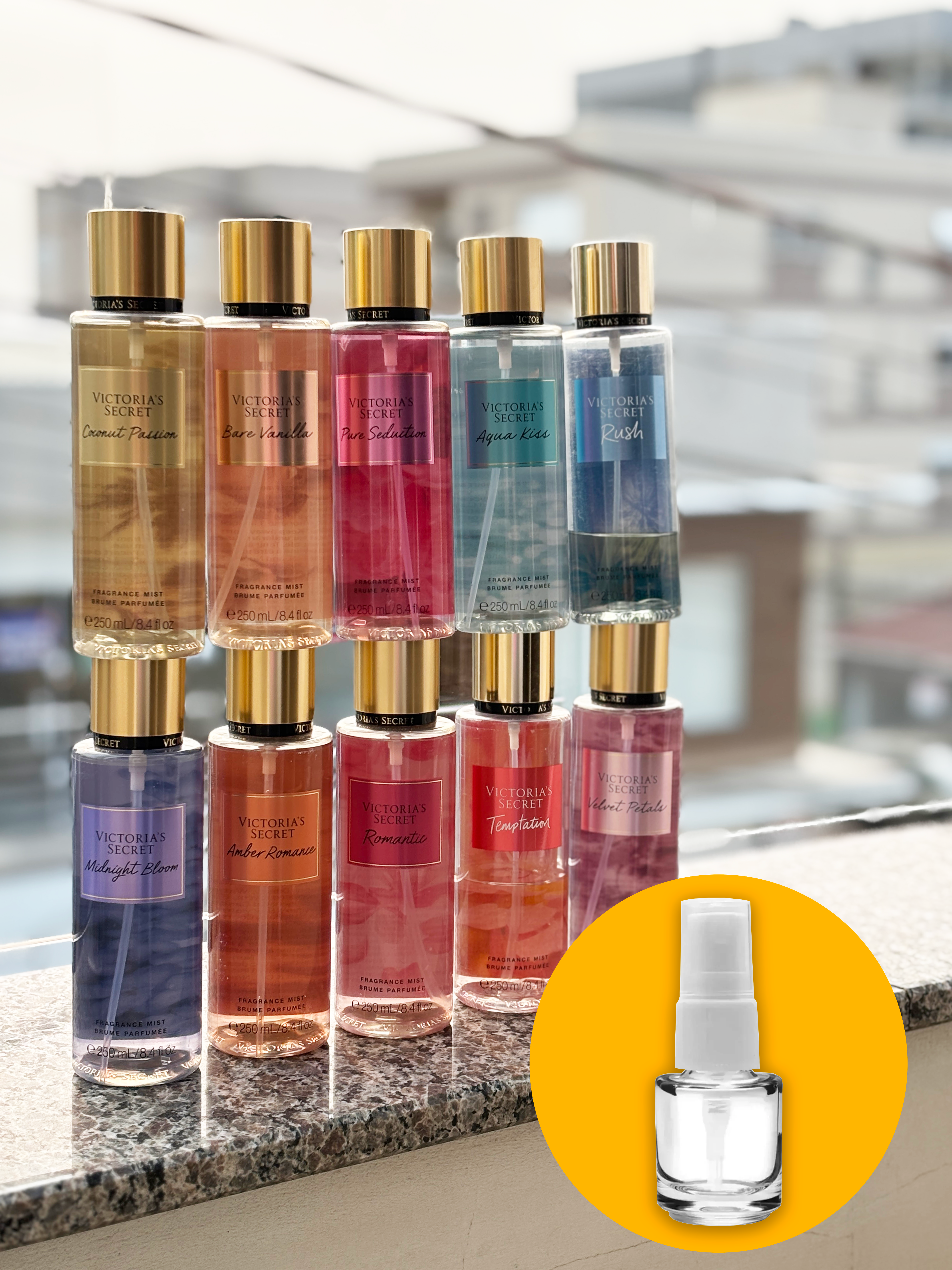 COMBO 10 Decants Victoria´s Secret (Bare Vanilla, Coconut Passion, Romantic, Velvet Petals, Pure Seduction, Midnight Bloom, Aqua Kiss, Temptation, Amber Romance e Rush)